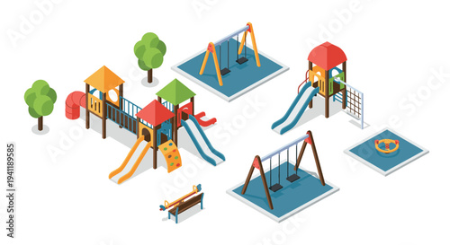 Colorful isometric playground with slides, swings, and play structures