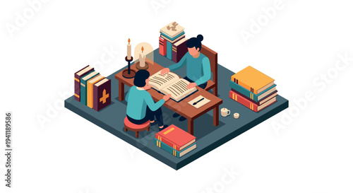 Cozy reading setup with two people in a warmly lit isometric study room