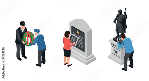 Isometric memorial scene with veterans and woman honoring at monuments and statue