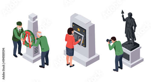 Isometric memorial scene with veterans, photographer, and statue in tribute