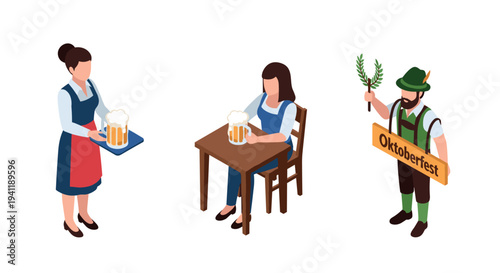 Oktoberfest characters in traditional attire with beer celebrations