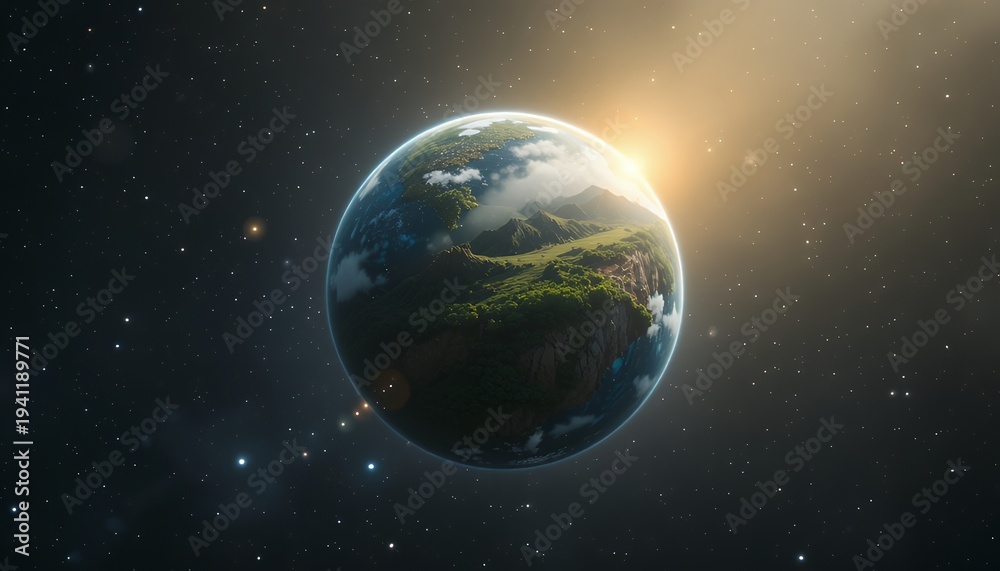 Naklejka premium Earth from space at sunrise, planet with starry backdrop