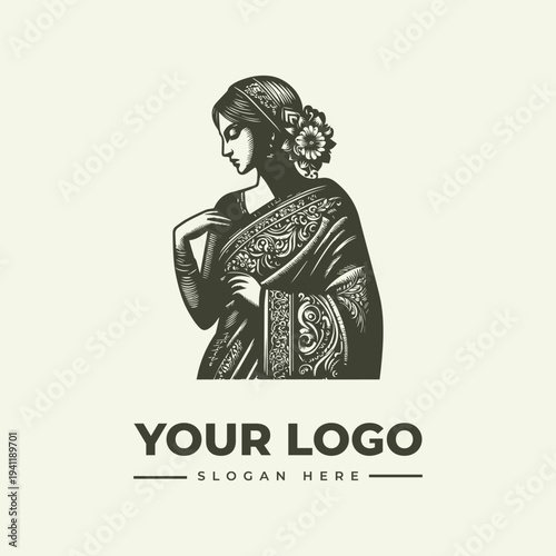 Vintage engraving of a woman in traditional attire with a floral headpiece, logo template on a beige background