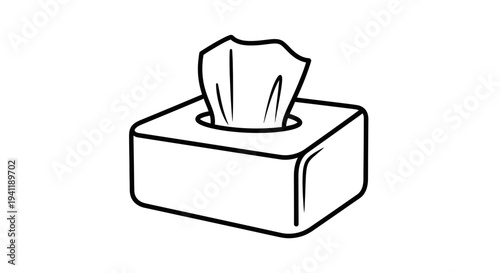 Minimalist line art illustration of a tissue box with a single tissue emerging from the dispenser