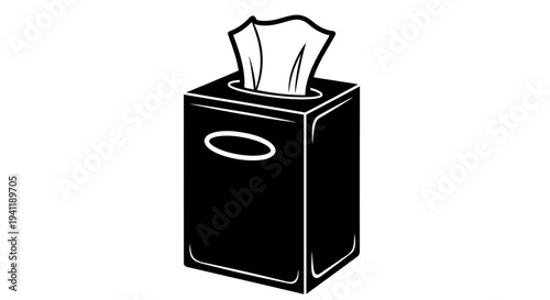 Minimalist black and white graphic illustration of a modern tissue dispenser for household hygiene