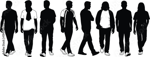 Silhouette diverse people walking, casual clothing styles, human posture variation concept, movement illustration, minimalist art, body gesture representation