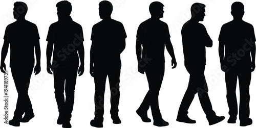Silhouette men standing walking posture variation, casual clothing concept, human gesture illustration, minimalist art, body language representation, motion study
