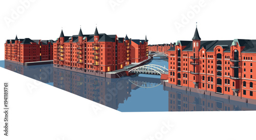 Reflection of historic brick warehouses with bridges on calm water in urban cityscape