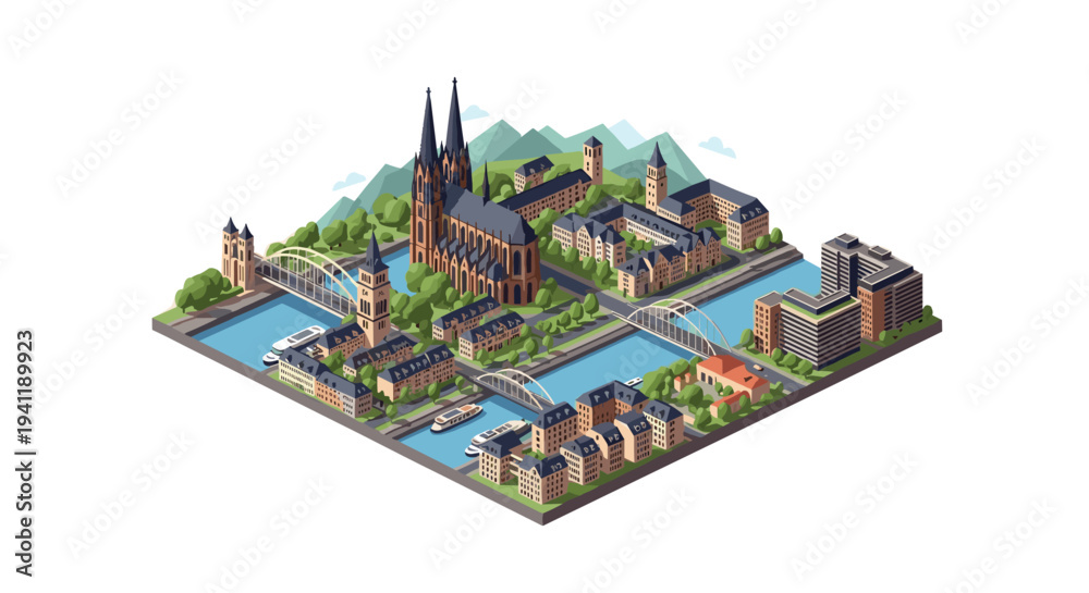 Obraz premium Isometric european cityscape with iconic cathedral and bridges in vibrant detail