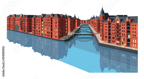 Historic red brick warehouse district with canal reflection