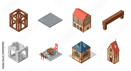 Isometric medieval building elements collection for game design and architecture projects
