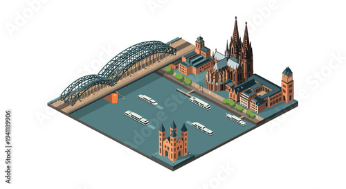 Isometric cityscape: landmark architecture with cathedral and bridge in urban setting