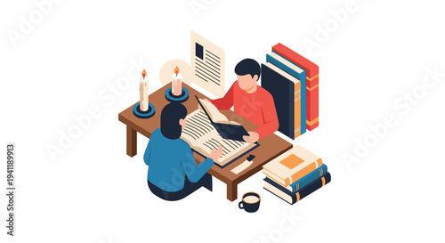 Studying together: isometric design of people reading at a cozy desk with books and candles