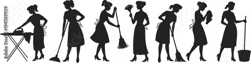 Vintage housewife silhouettes cleaning set, retro women doing household chores, ironing, sweeping, mopping, dusting, domestic work illustration