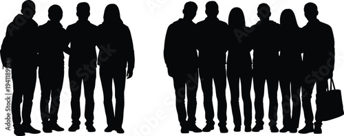 Group of people standing together in silhouette on white background facing away
