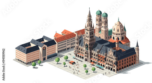 Isometric cityscape of a historic european town with iconic architecture