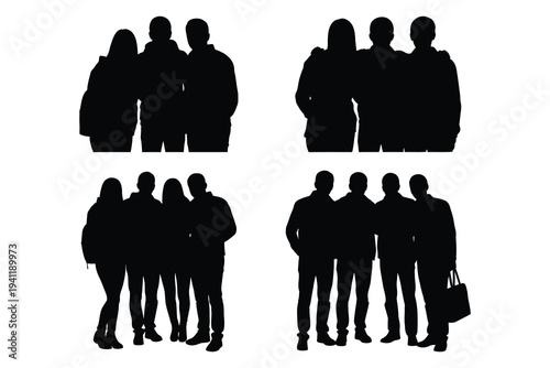 Four groups of people silhouettes standing together in different poses and numbers  isolated on white
