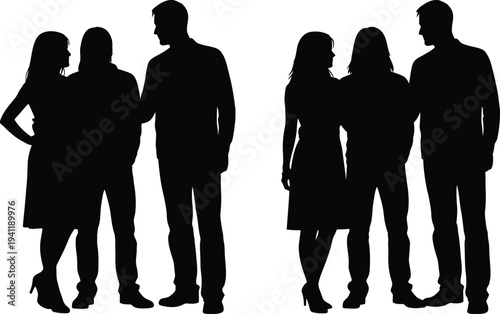 Silhouettes of people standing in groups talking to each other  friends socializing