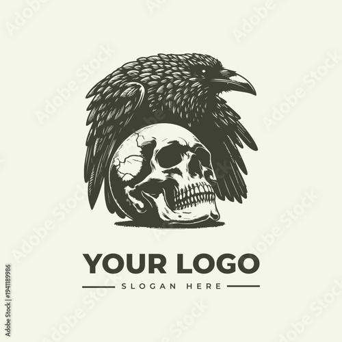 A vintage woodcut-style illustration of a raven perched on a human skull with a logo and slogan text area in a monochromatic design on a beige background.