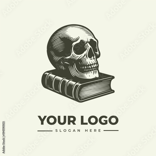 A vintage-style woodcut illustration of a human skull resting on a closed book with a logo and slogan text area, in a monochromatic color scheme against a plain background.
