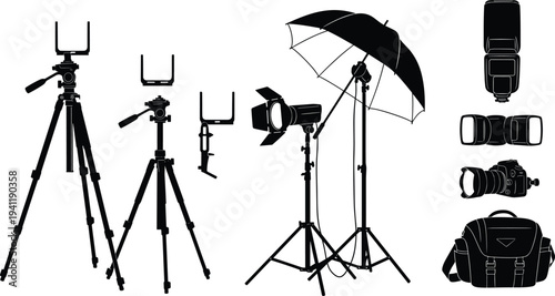 Photography equipment silhouettes with tripods, studio light, umbrella, flash, camera, lens, strap, bag, professional gear illustration