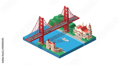 Isometric golden gate bridge with landmarks and boat on water