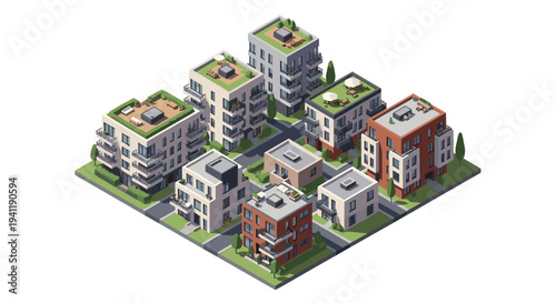 Modern isometric apartment complex with green rooftops and urban environment