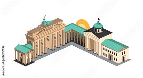 Isometric landmark architecture featuring iconic historical structures at sunset