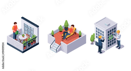 Isometric people on balconies: gardening, relaxing, and discussing building plans
