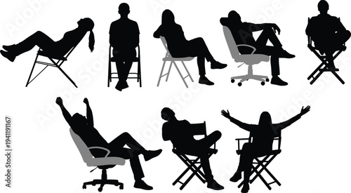 Seated people in chairs silhouettes, posture illustration vector, ergonomic seating graphic design, casual human outline art, furniture gesture icons