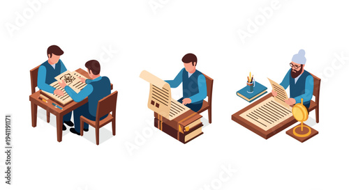Isometric historical writing scenes with medieval scholars and scribes