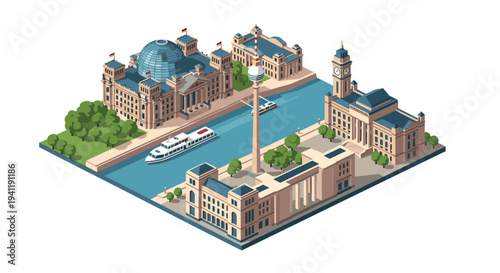 Isometric cityscape with river, boat, trees, and classical architecture