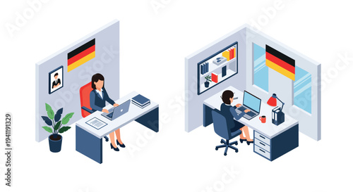 Modern isometric workspaces with german flag in contemporary office setting