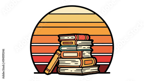 Literary Sunrise: A stack of books, their spines bearing stories, is set against the backdrop of a stylized sunset. The scene speaks of quiet contemplation, adventure.