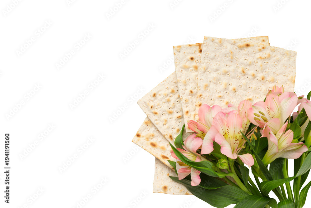 Obraz premium Passover highlights matzah stacks and flowers, isolated, PNG