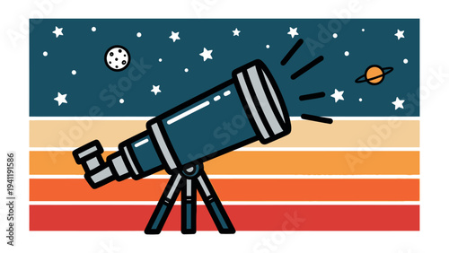 Celestial Discovery: An illustrated vintage style telescope gazes upward toward a star-studded sky, inviting contemplation of the cosmos, exuding curiosity and wonder.