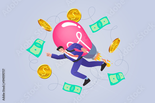 Businessman flying with lightbulb rocket surrounded by money and coins. Professional vector illustration for creative idea to profit, startup investment success, and rapid financial growth concept.