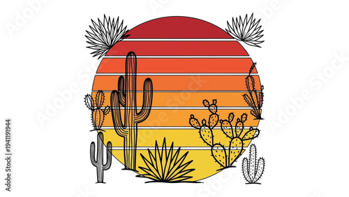 Desert Sunset: A stylized representation of a vibrant desert sunset, featuring cacti silhouetted against a gradient sky, evoking the serene beauty of the arid landscape.