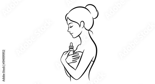 Minimalist line art illustration of a woman embracing her skincare routine and self-care ritual