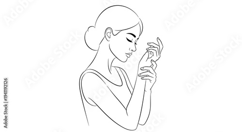 Elegant woman with graceful posture gently touching her wrist in a serene moment of reflection and