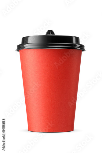 Red paper disposable cup for coffee, tea, hot drinks to go. Take away beverages container isolated. Transparent PNG image.