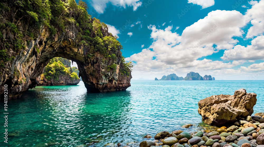 Naklejka premium Stunning natural rock archway covered in lush green vegetation over clear turquoise water in a tropical bay paradise.