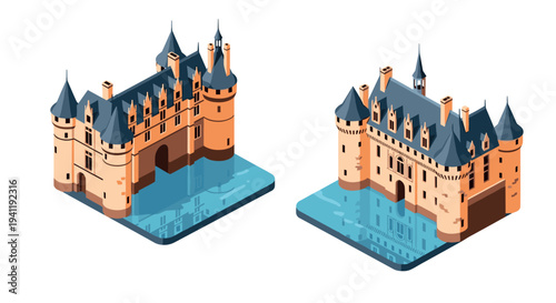 Isometric medieval castles with moats on white background