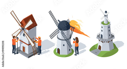 Isometric windmills exploration by photographers in rural setting