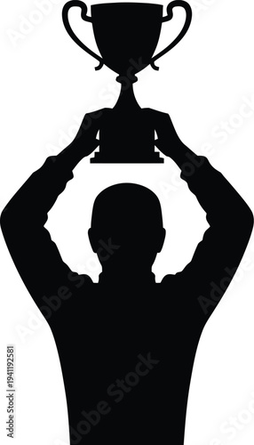 Silhouette of a person holding a trophy above their head on white vector illustration