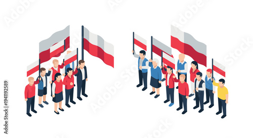 Isometric group of people with flags in red and white theme