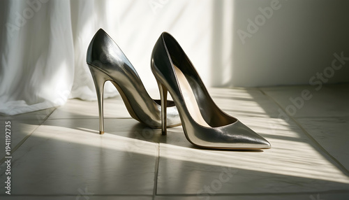 Elegant silver stiletto high heels with pointed toes, bathed in soft sunlight
