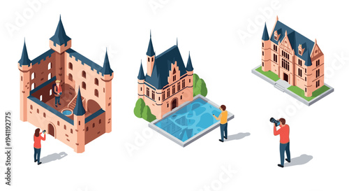 Isometric tourists exploring castles and taking photos