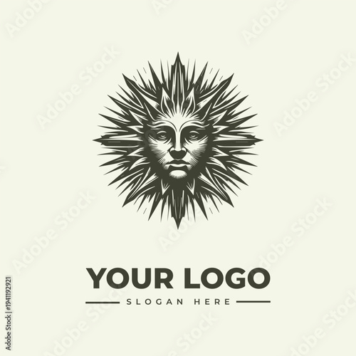 A monochromatic illustration of a sun with a face surrounded by sharp rays on a cream background with space for a logo and slogan.