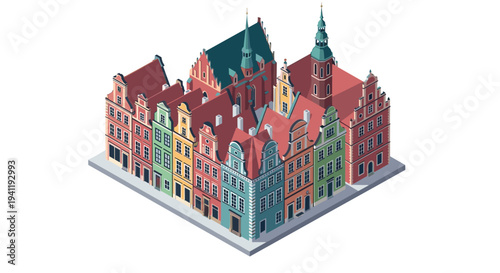 Charming isometric european townhouses with colorful facades and steep roofs